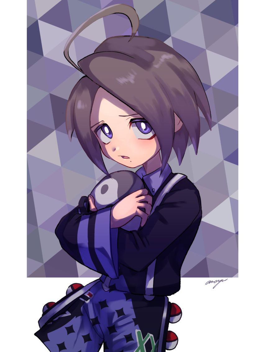 1boy, ahoge, allister_(pokemon), amayu_(amaamailust), black_shirt, border, bright_pupils, brown_hair