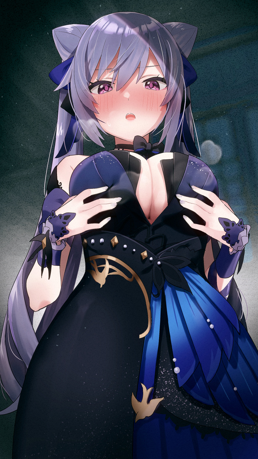 1girl, absurdres, aumann, bangs, black_dress, blue_skirt, blush, breasts