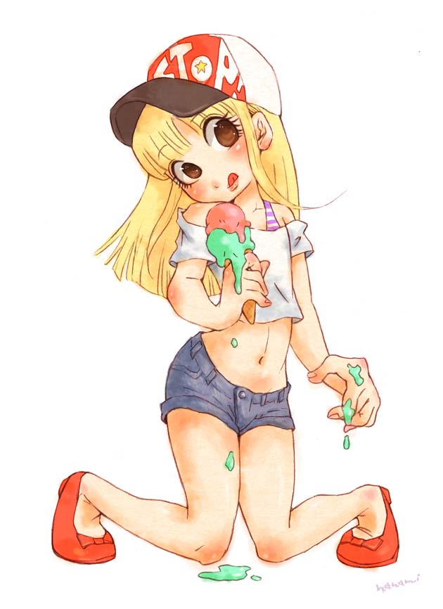 1boy, black_shorts, blonde_hair, blush, brown_eyes, eyebrows_visible_through_hair, food, hat