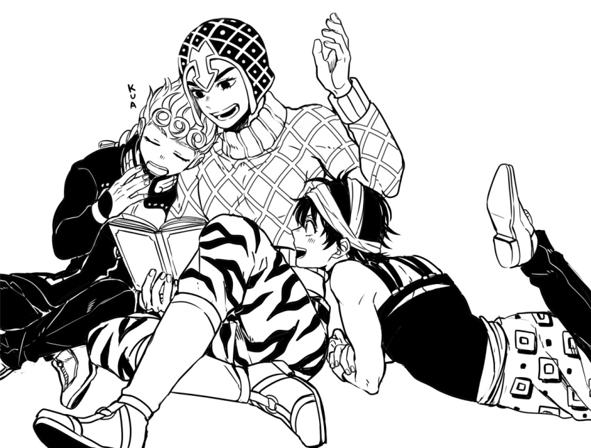3boys, argyle, argyle_sweater, book, boots, giorno_giovanna, greyscale, jojo_no_kimyou_na_bouken