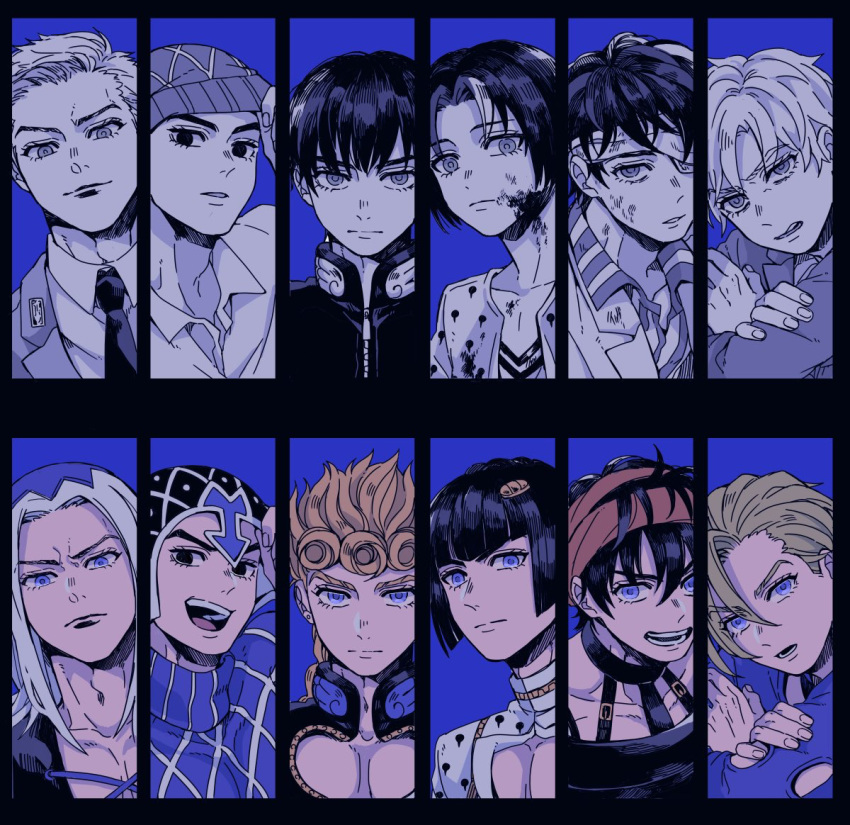 6+boys, bandage_over_one_eye, bangs, beanie, black_eyes, black_hair, blonde_hair, blood