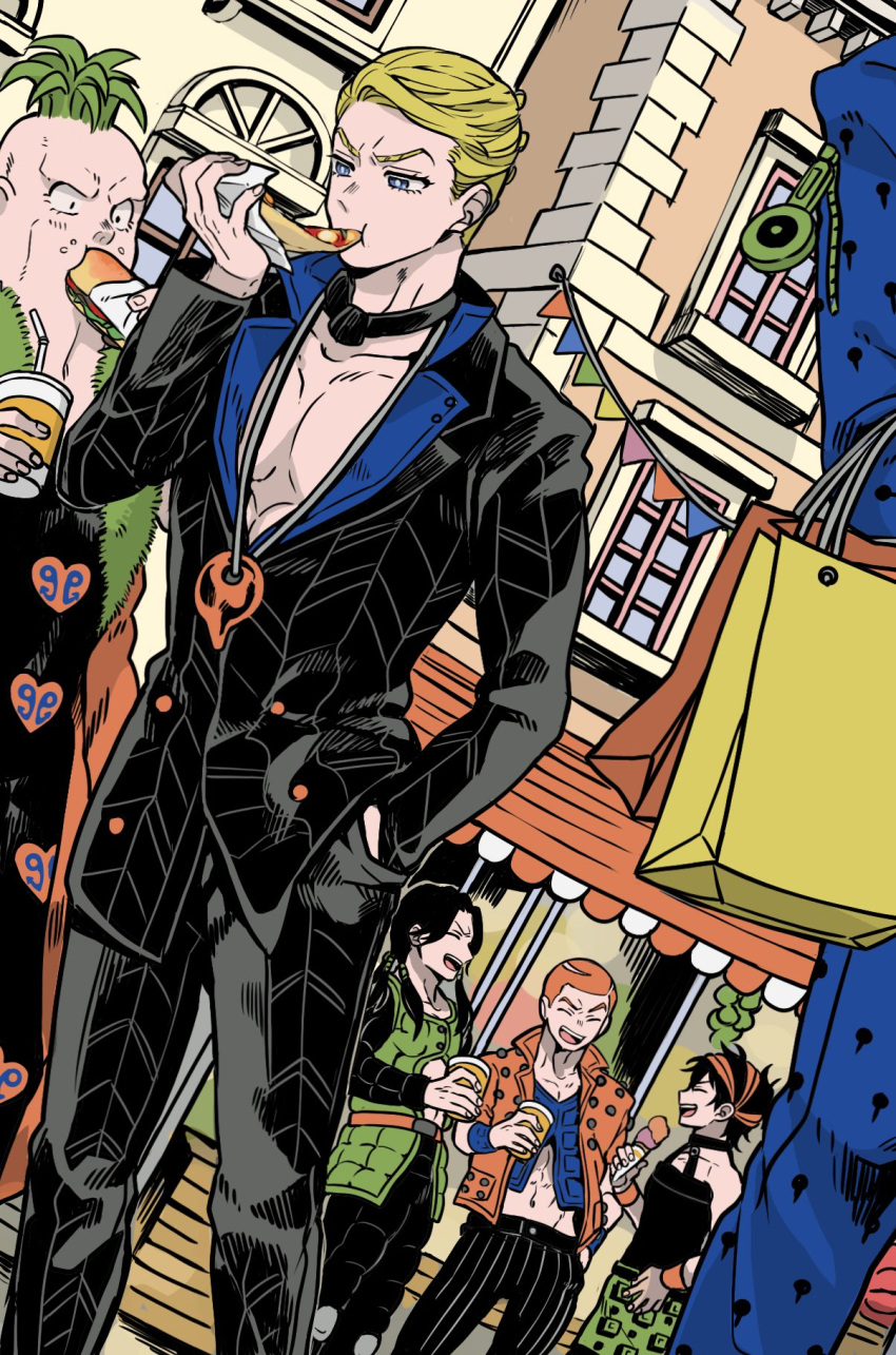 6+boys, bag, blonde_hair, blue_eyes, bruno_buccellati, cup, drink, dutch_angle