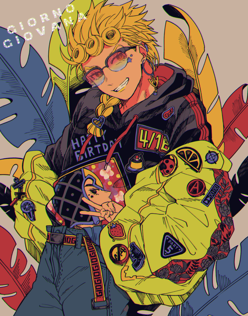 1boy, alternate_costume, arrow_(jojo), blonde_hair, braid, earrings, giorno_giovanna, green_jacket