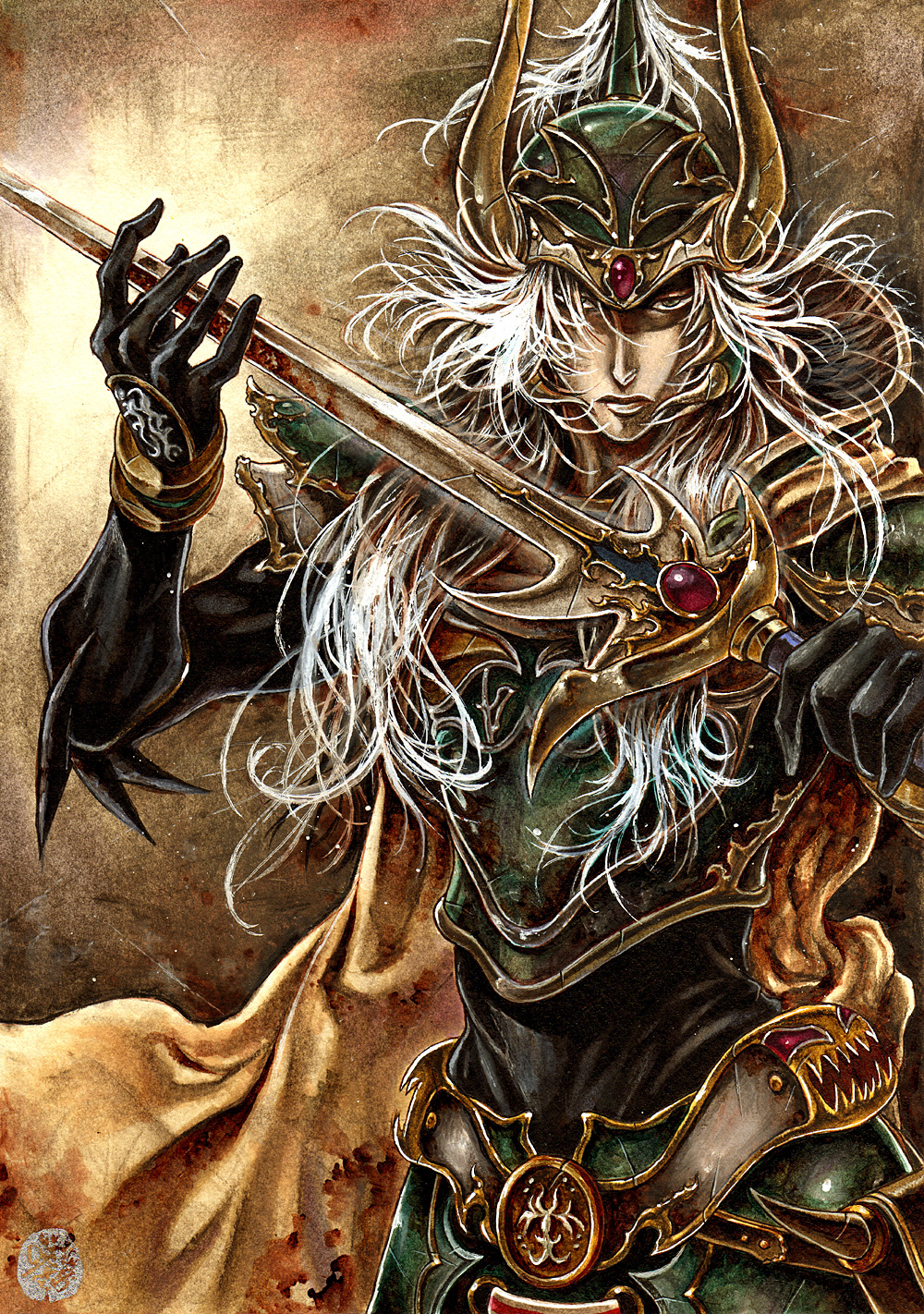 armor, cape, dissidia_final_fantasy, final_fantasy, final_fantasy_i, gloves, grey_eyes, hands, helmet, highres, male, sakihana, solo, sword, traditional_media, warrior_of_light, weapon, white_hair
