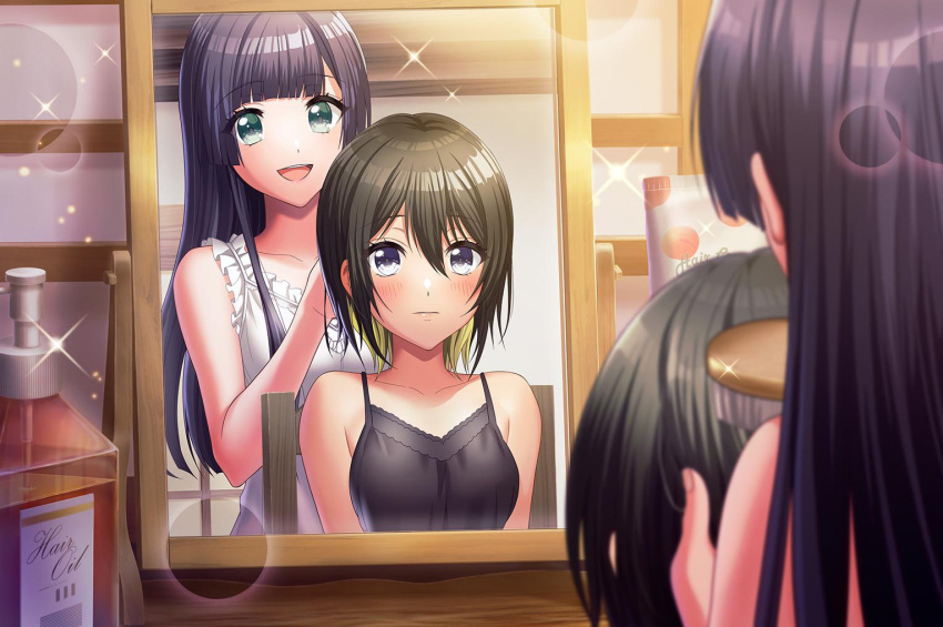 akashi_maho, blush, brown_hair, d4dj, dress, short_hair, togetsu_rei, violet_eyes