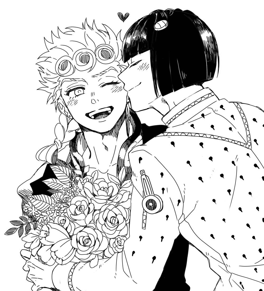 2boys, bangs, blunt_bangs, blush, bouquet, braid, bruno_buccellati, giorno_giovanna, greyscale, heart, jojo_no_kimyou_na_bouken, kiss, kissing_cheek, male_focus, monochrome, multiple_boys, one_eye_closed, setsunano, vento_aureo, wing_ornament, zipper