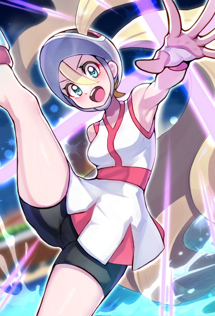 1girl, :d, bangs, bare_arms, bike_shorts, blush, bright_pupils, commentary_request