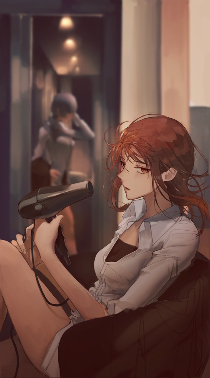 2_blankk, 2girls, blurry, blurry_background, chainsaw_man, collared_shirt, commentary, depth_of_field, drying, drying_hair, feet_out_of_frame, from_side, hair_dryer, highres, holding, holding_hair_dryer, indoors, long_hair, looking_at_viewer, makima_(chainsaw_man), multiple_girls, no_pants, parted_lips, partially_unbuttoned, quanxi_(chainsaw_man), redhead, ringed_eyes, shirt, sitting, solo_focus, white_shirt, yellow_eyes