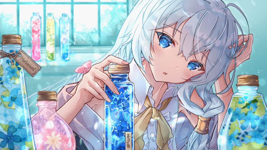 1girl, ahoge, bangs, blue_eyes, blurry, blurry_background, blurry_foreground, blush