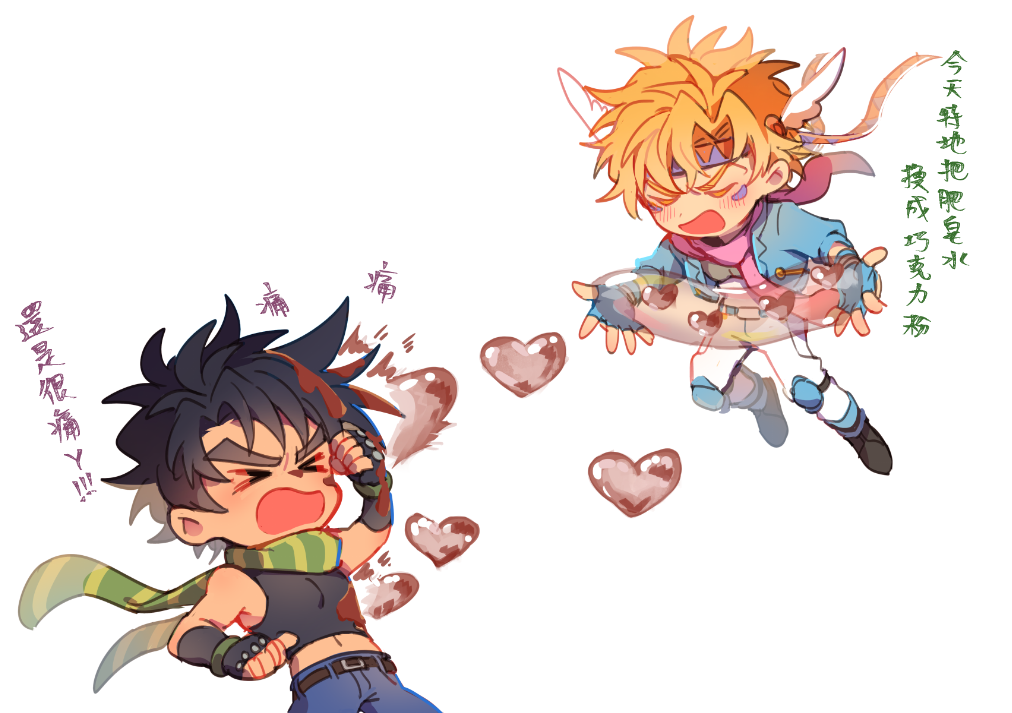 >_<, 2boys, battle_tendency, black_hair, blonde_hair, blue_eyes, blue_jacket, blush