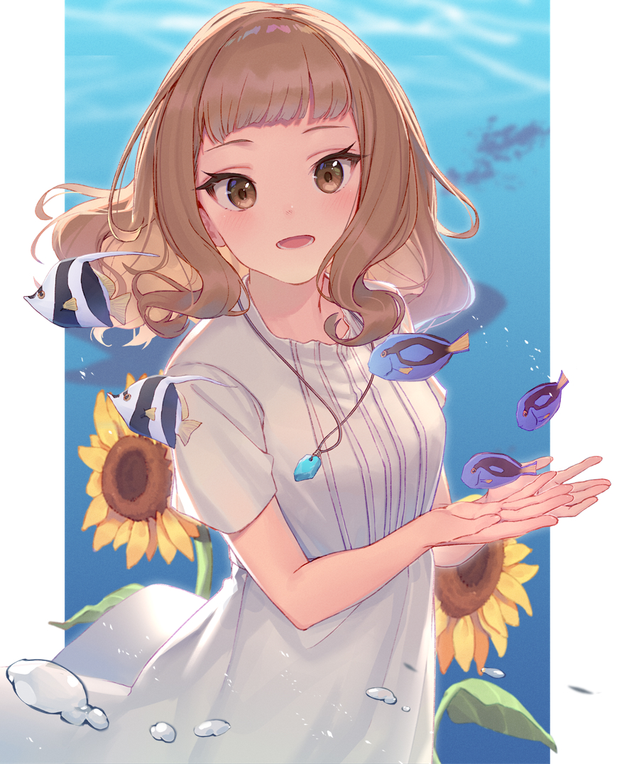 1girl, :d, arl, bangs, brown_eyes, brown_hair, bubble, curly_hair