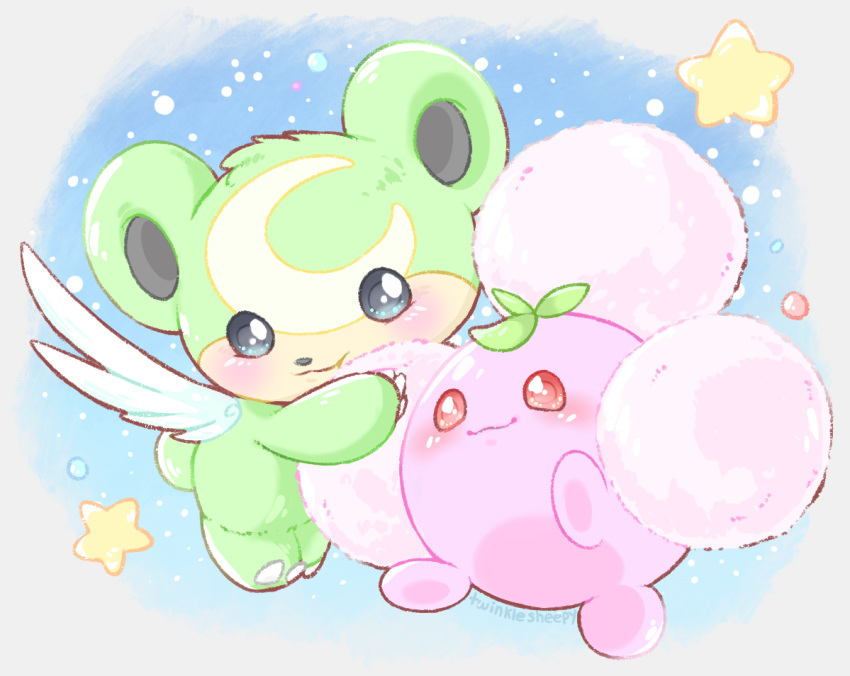 alternate_color, blush, claws, closed_mouth, commentary, janna_(sweepysheepy), jumpluff, no_humans, pokemon, pokemon_(creature), red_eyes, shiny_pokemon, smile, star_(symbol), teddiursa