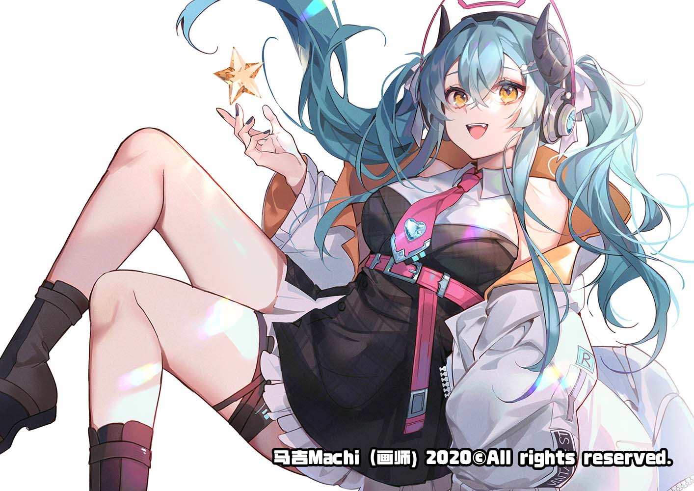 1girl, artist_name, bangs, black_dress, black_footwear, black_nails, blue_hair, boots, breasts, chinese_commentary, demon_girl, demon_horns, dress, floating, headphones, horns, karon_(vtuber), karon_official, machi_(7769), medium_breasts, nijisanji, official_art, open_mouth, smile, solo, star_(symbol), thigh_strap, two_side_up, virtual_youtuber, virtuareal, white_background, yellow_eyes