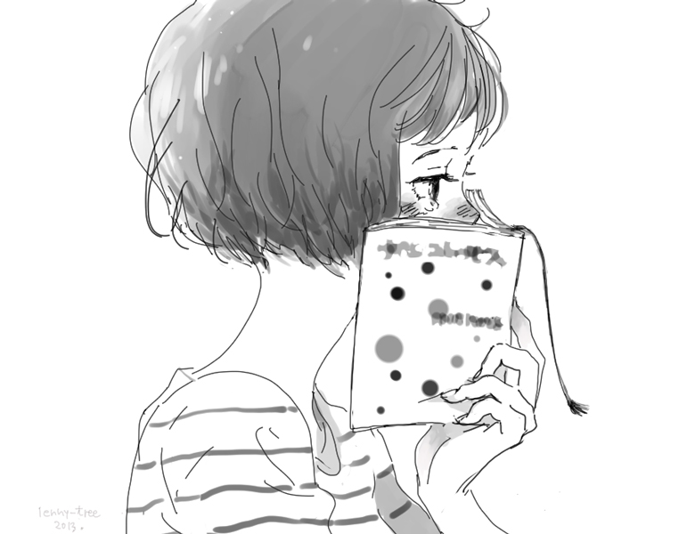 1girl, 2013, bangs, blush, bob_cut, book, bookmark, covered_mouth