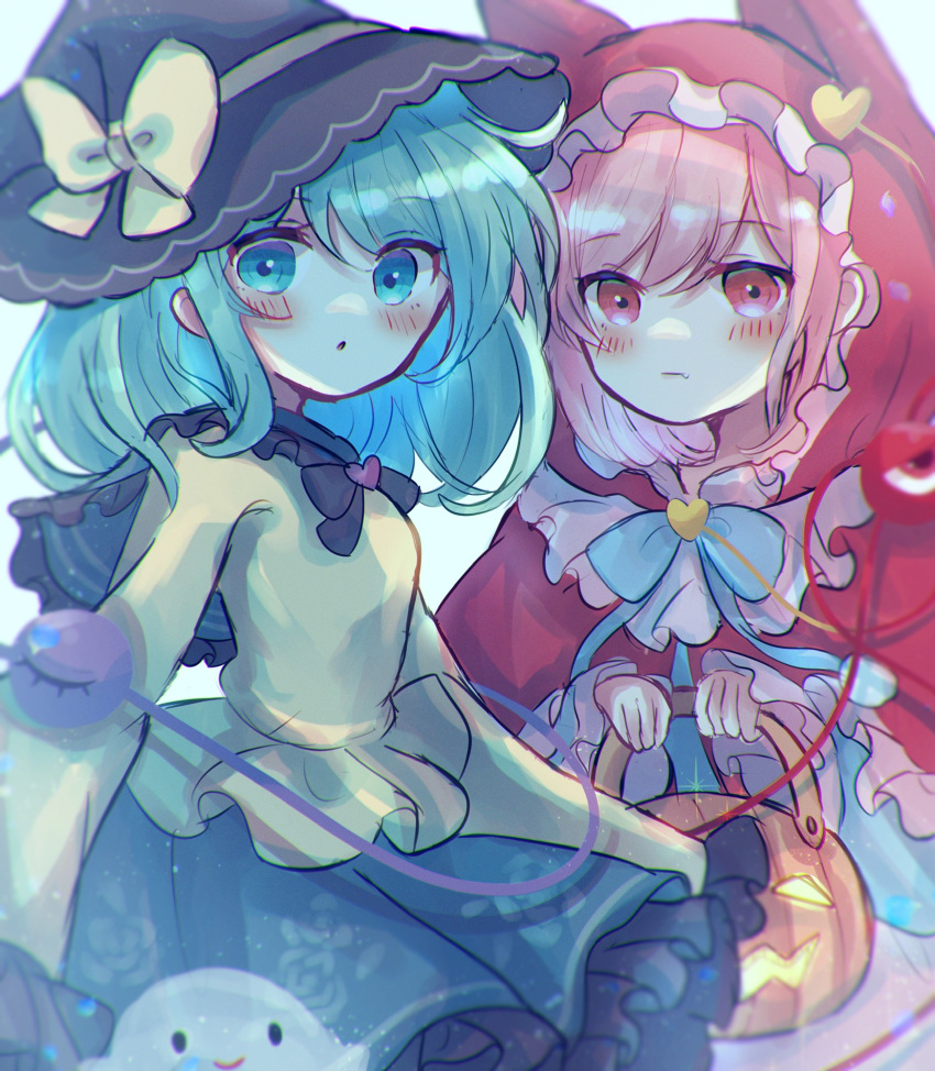 2girls, :o, :|, adapted_costume, animal_hood, basket, black_headwear, bloom