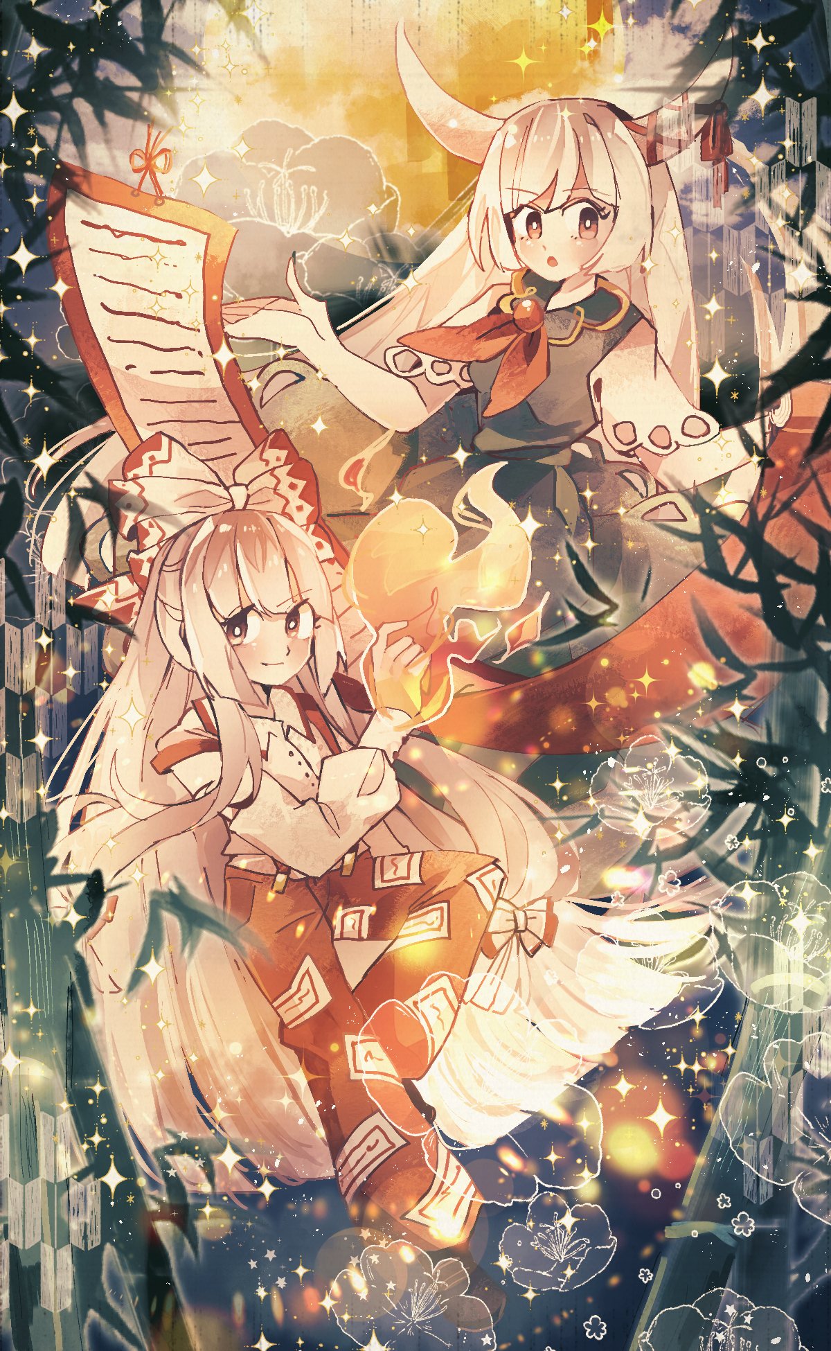 2girls, :o, bamboo, blush, bow, bright_pupils, brown_eyes, buttons
