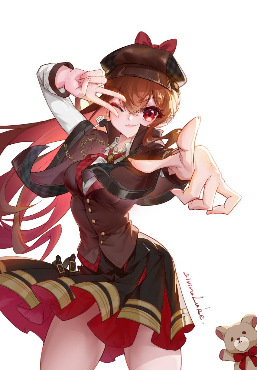 1girl, absurdres, artist_name, bangs, black_skirt, bow, brown_capelet, brown_hair