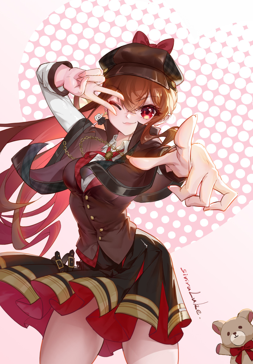 1girl, absurdres, artist_name, bangs, black_skirt, bow, brown_capelet, brown_hair