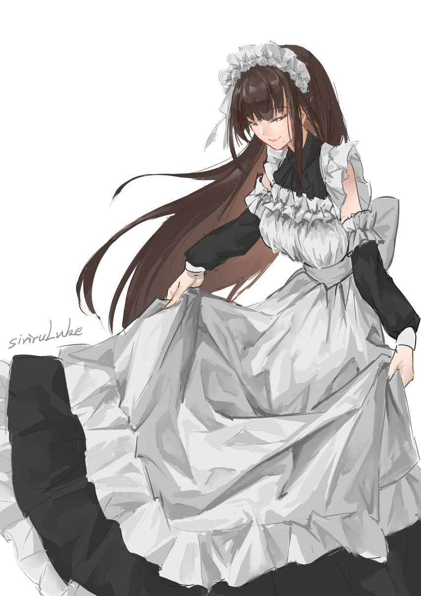 1girl, absurdres, apron, bangs, black_dress, chinese_commentary, closed_eyes, detached_sleeves, dress, facing_down, highres, looking_down, maid, maid_apron, maid_headdress, mole, mole_under_eye, nijisanji, ruruna_(vtuber), ruruna_official, siviru_luke, smile, solo, transparent_background, virtual_youtuber, virtuareal