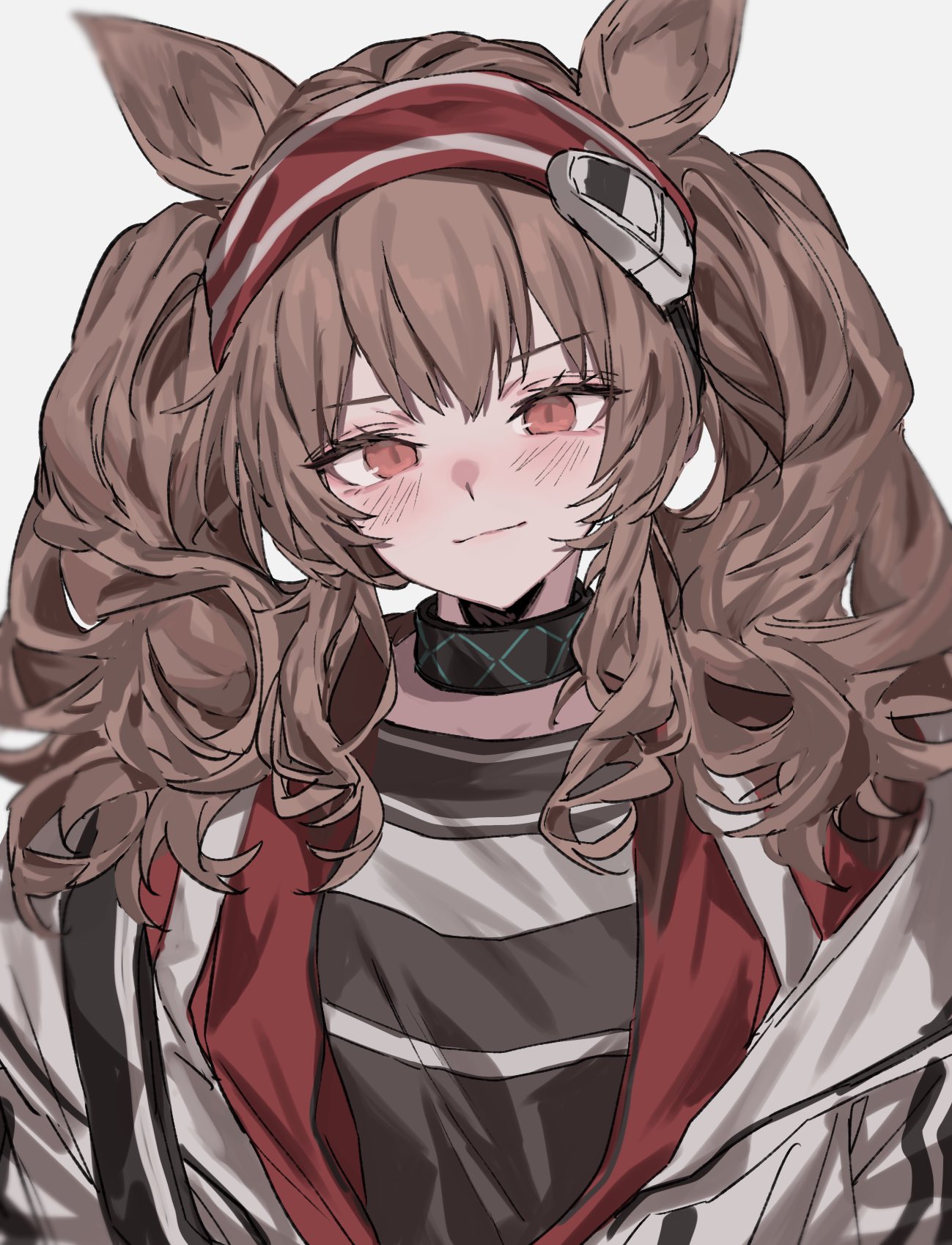 1girl, angelina_(arknights), animal_ears, aogisa, arknights, bangs, black_shirt, blush