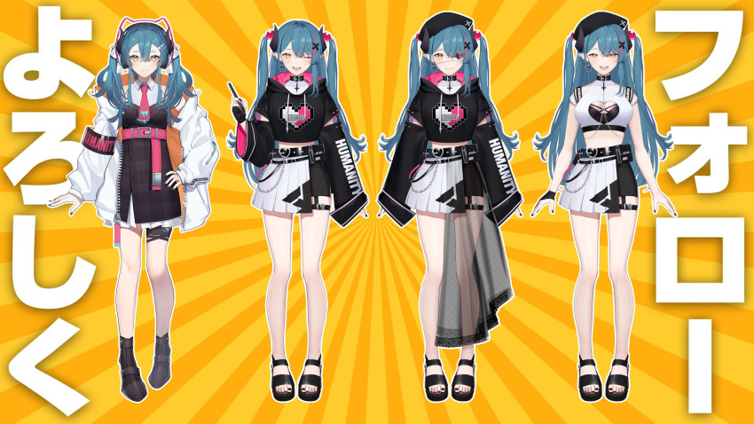 1girl, absurdres, black_collar, black_footwear, black_hoodie, black_nails, blue_eyes, blue_hair