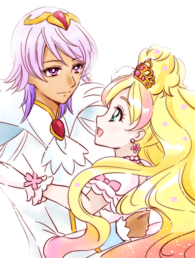 1boy, 1girl, backlighting, blonde_hair, cure_flora, cure_flora_(dress_up_premium), earrings, eye_contact, flower_earrings, gloves, go!_princess_precure, green_eyes, hair_ornament, haruno_haruka, hetero, jewelry, konzaki_sakura, long_hair, looking_at_another, magical_girl, open_mouth, precure, prince_kanata, profile, puffy_sleeves, purple_hair, smile, upper_body, violet_eyes, white_background, white_gloves