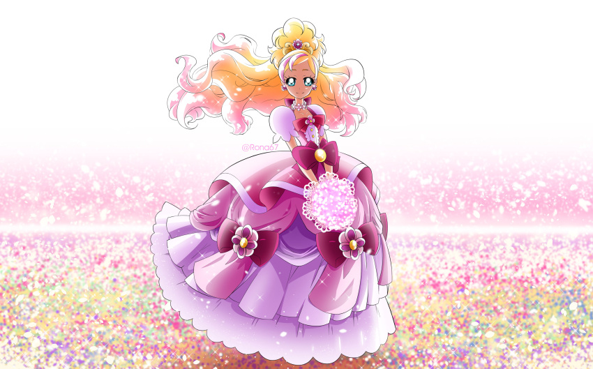 1girl, absurdres, blonde_hair, blue_eyes, bouquet, bow, brooch, closed_mouth, cure_flora, cure_flora_(mode_elegant), dress, dress_bow, earrings, floating_hair, flower, flower_earrings, flower_necklace, full_body, go!_princess_precure, gradient_hair, hair_ornament, haruno_haruka, highres, holding, holding_bouquet, jewelry, layered_dress, long_hair, looking_at_viewer, magical_girl, multicolored_background, multicolored_hair, necklace, pink_bow, pink_dress, pink_hair, precure, puffy_sleeves, rona67, smile, solo, split_mouth, standing, streaked_hair, twitter_username, two-tone_hair, waist_bow, waist_brooch