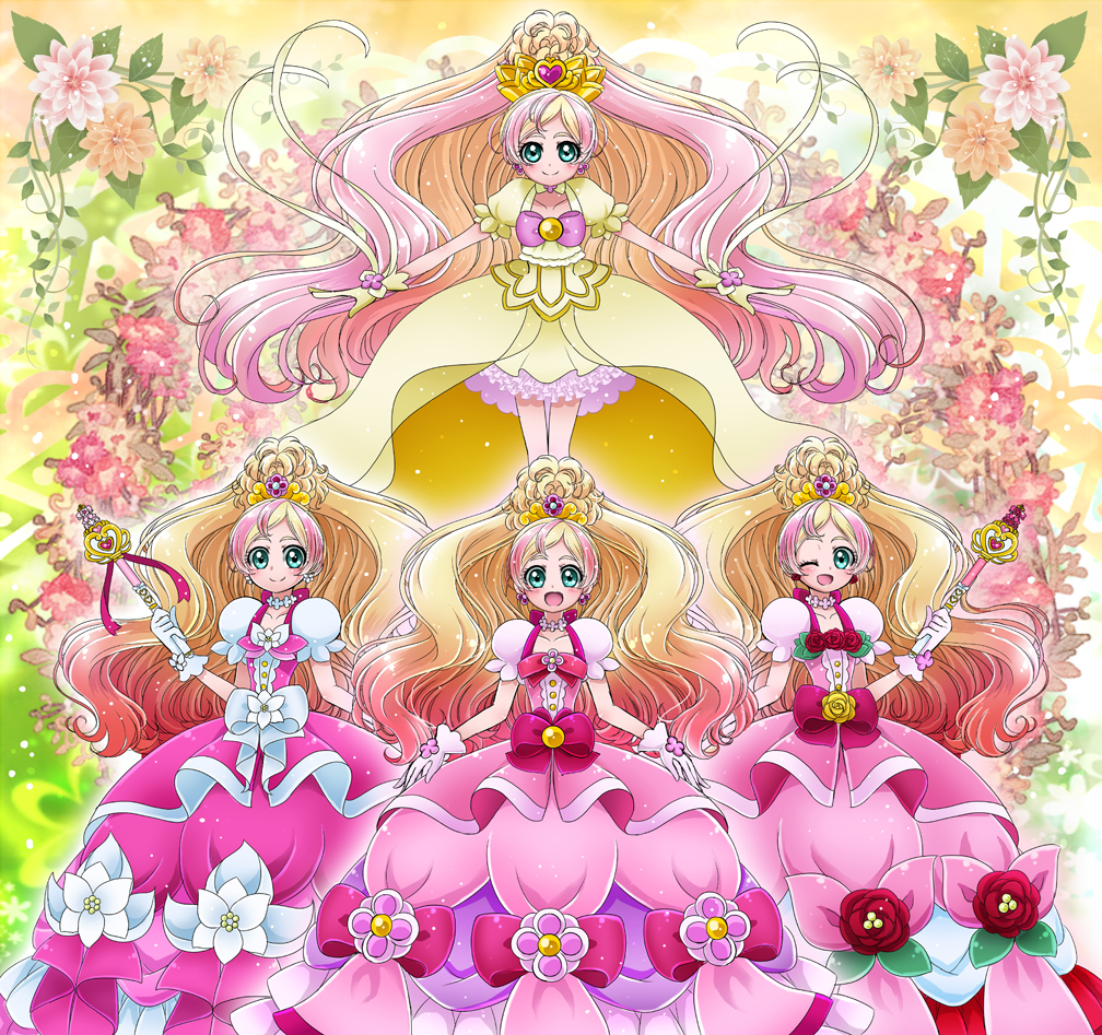 4girls, :d, blonde_hair, bow, brooch, cokata, cure_flora, cure_flora_(grand_princess), cure_flora_(mode_elegant), cure_flora_(mode_elegant_lily), cure_flora_(mode_elegant_rose), dress, floral_background, flower, flower_necklace, gloves, go!_princess_precure, gradient_hair, green_eyes, hair_ornament, heart_wand, jewelry, lily_(flower), looking_at_viewer, magical_girl, multicolored_hair, multiple_girls, multiple_persona, necklace, open_mouth, pink_bow, pink_dress, pink_hair, precure, puffy_sleeves, red_flower, red_rose, rose, shiny, shiny_clothes, smile, standing, streaked_hair, two-tone_hair, waist_bow, waist_brooch, white_bow, white_gloves, yellow_dress, yellow_flower, yellow_gloves, yellow_rose