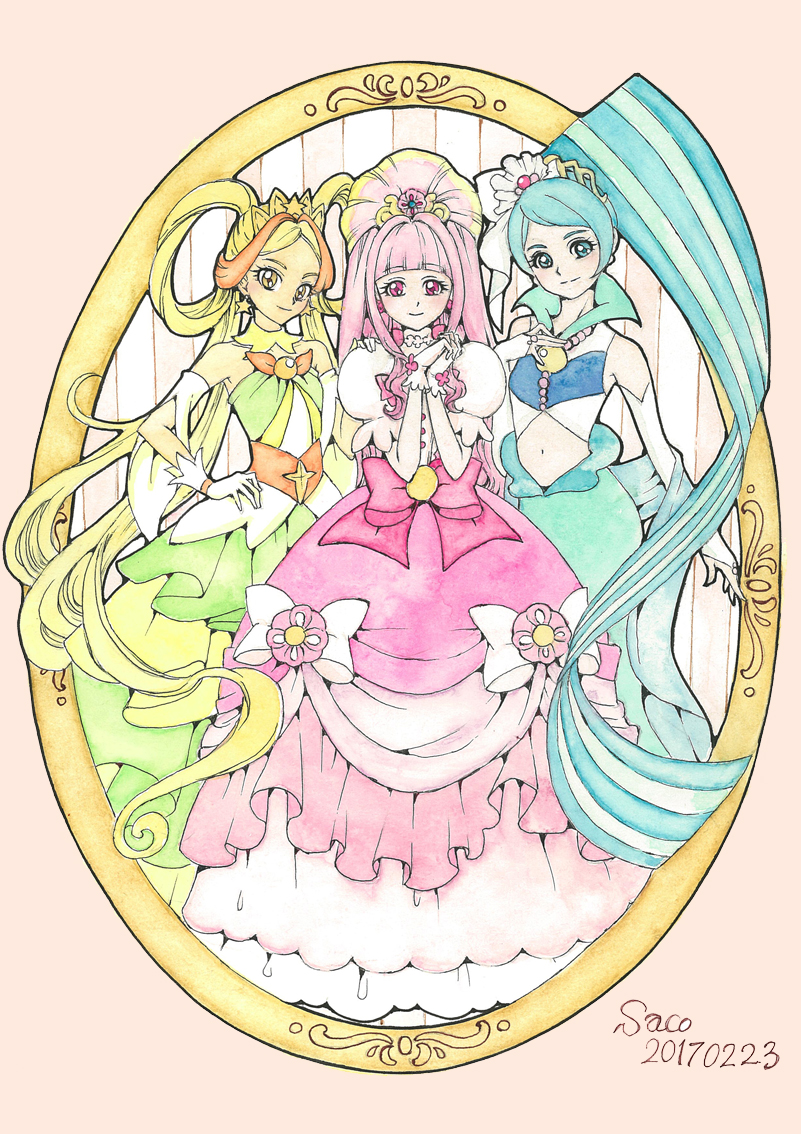 3girls, artist_name, blonde_hair, blue_dress, blue_eyes, blue_hair, bow, chieri_(go!_princess_precure)
