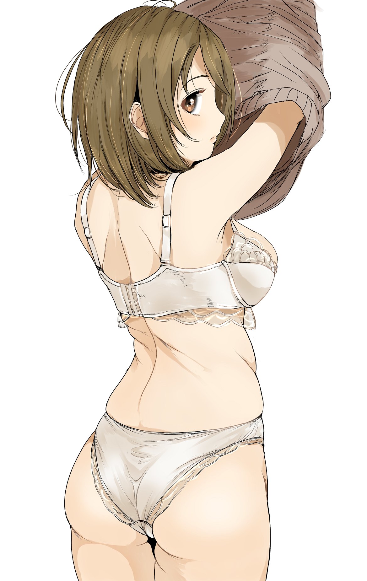 1girl, arms_up, ass, bra, breasts, brown_eyes, brown_hair, commentary_request, from_behind, gatsby_ssl, highres, idolmaster, idolmaster_cinderella_girls, large_breasts, looking_at_viewer, mimura_kanako, panties, short_hair, simple_background, solo, standing, underwear, underwear_only, undressing, white_background, white_bra, white_panties