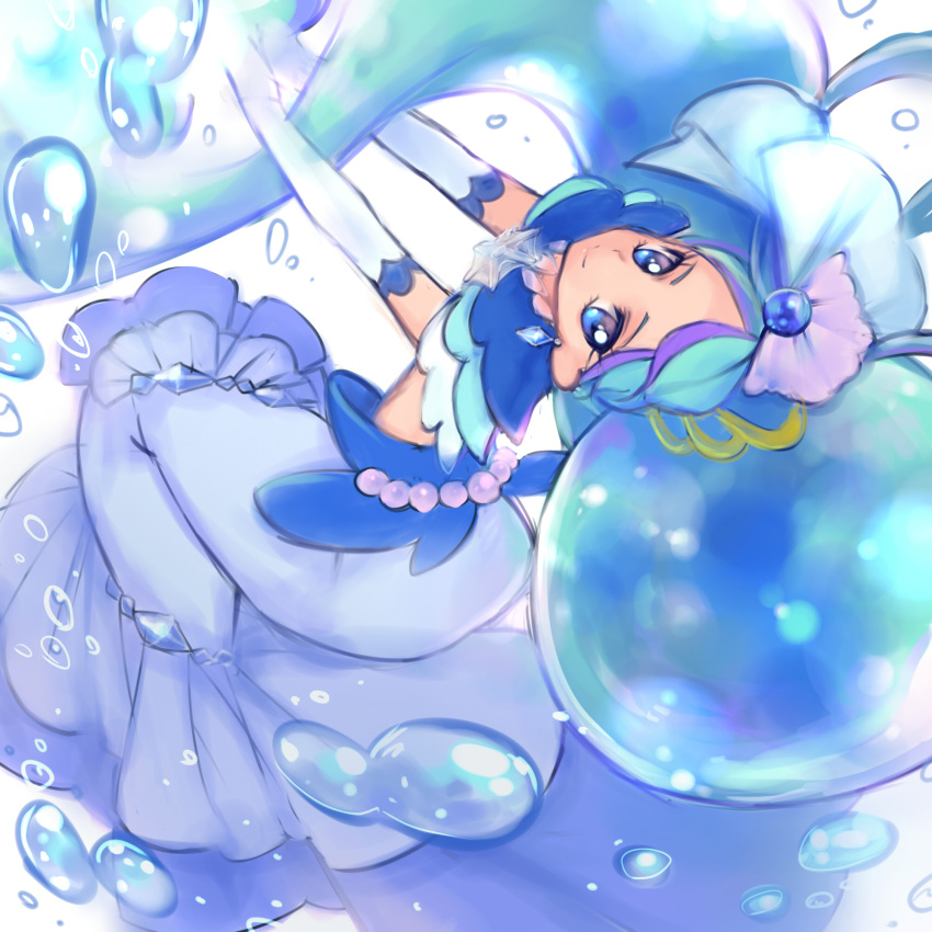 1girl, blue_dress, blue_eyes, blue_hair, closed_mouth, cure_mermaid, cure_mermaid_(mode_elegant_ice), dress