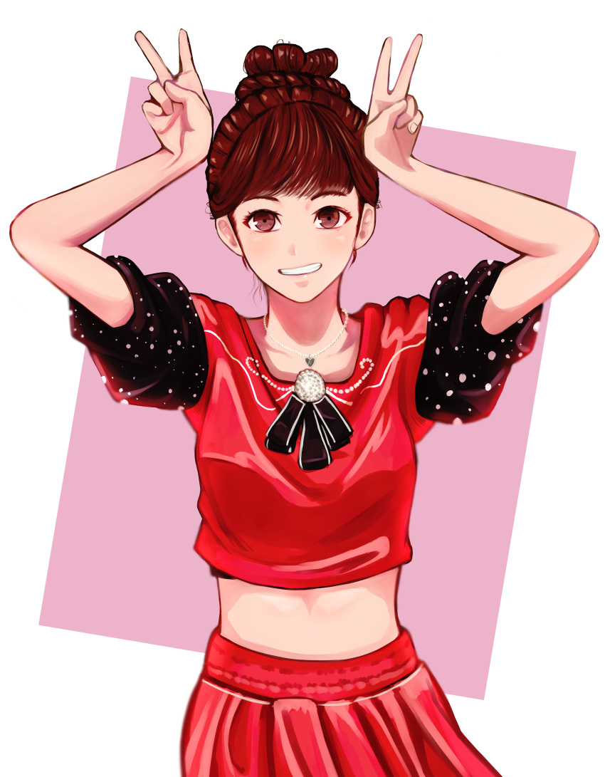 1girl, absurdres, animification, bangs, brown_eyes, brown_hair, collarbone, double_v, hair_behind_ear, hair_bun, heart, heart_necklace, highres, midriff_peek, miihi, niziu, parted_lips, real_life, red_shirt, red_skirt, shirt, skirt, smile, solo, toto_(toto70811), v