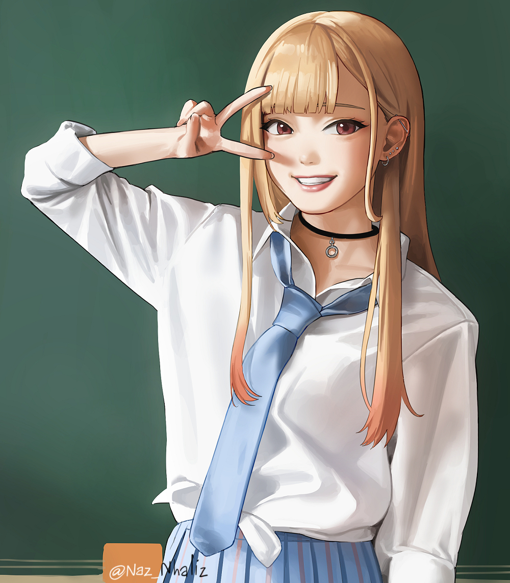 1girl, akase_akari, bangs, black_choker, blonde_hair, blue_necktie, blue_skirt, breasts