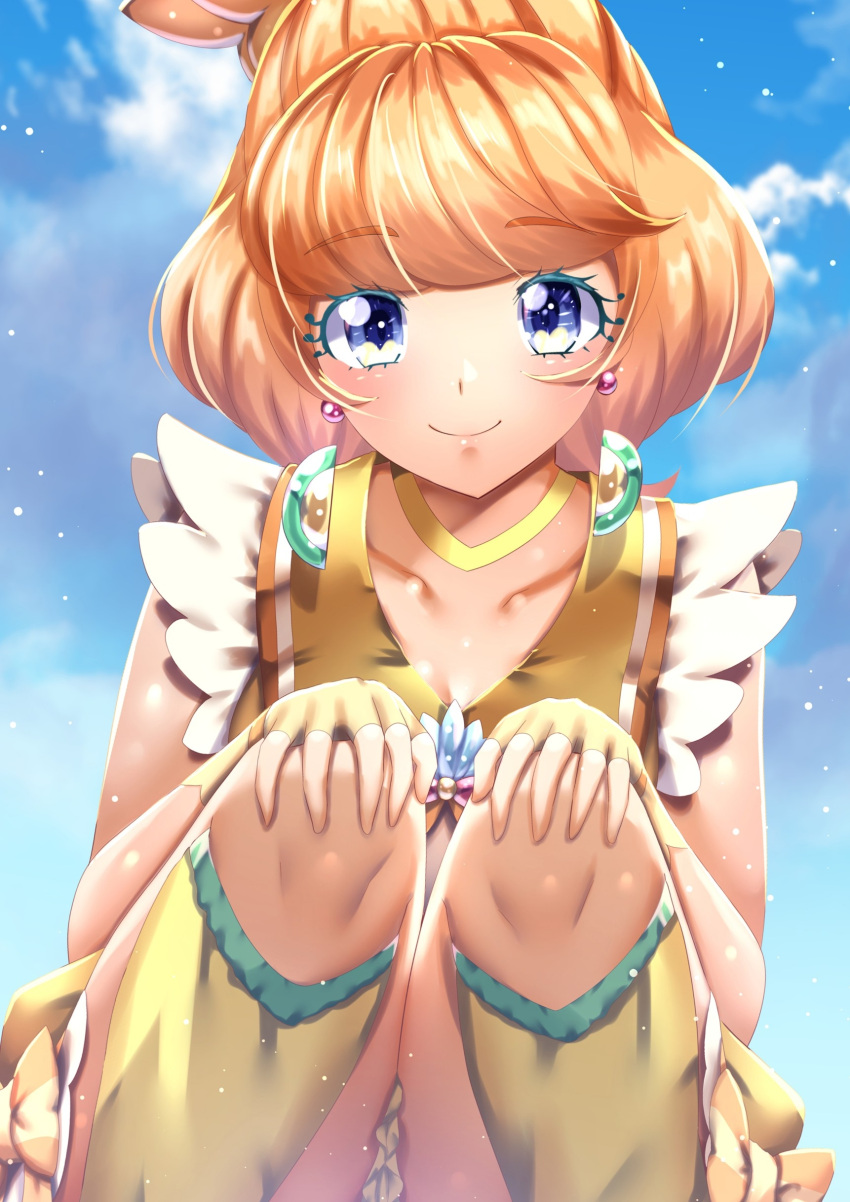 1girl, absurdres, bangs, blue_eyes, blue_sky, choker, closed_mouth, clouds