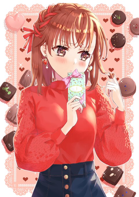 1girl, ayuko_(ayuko54bornthisway), blush, box, brown_eyes, brown_hair, earrings, hair_twirling