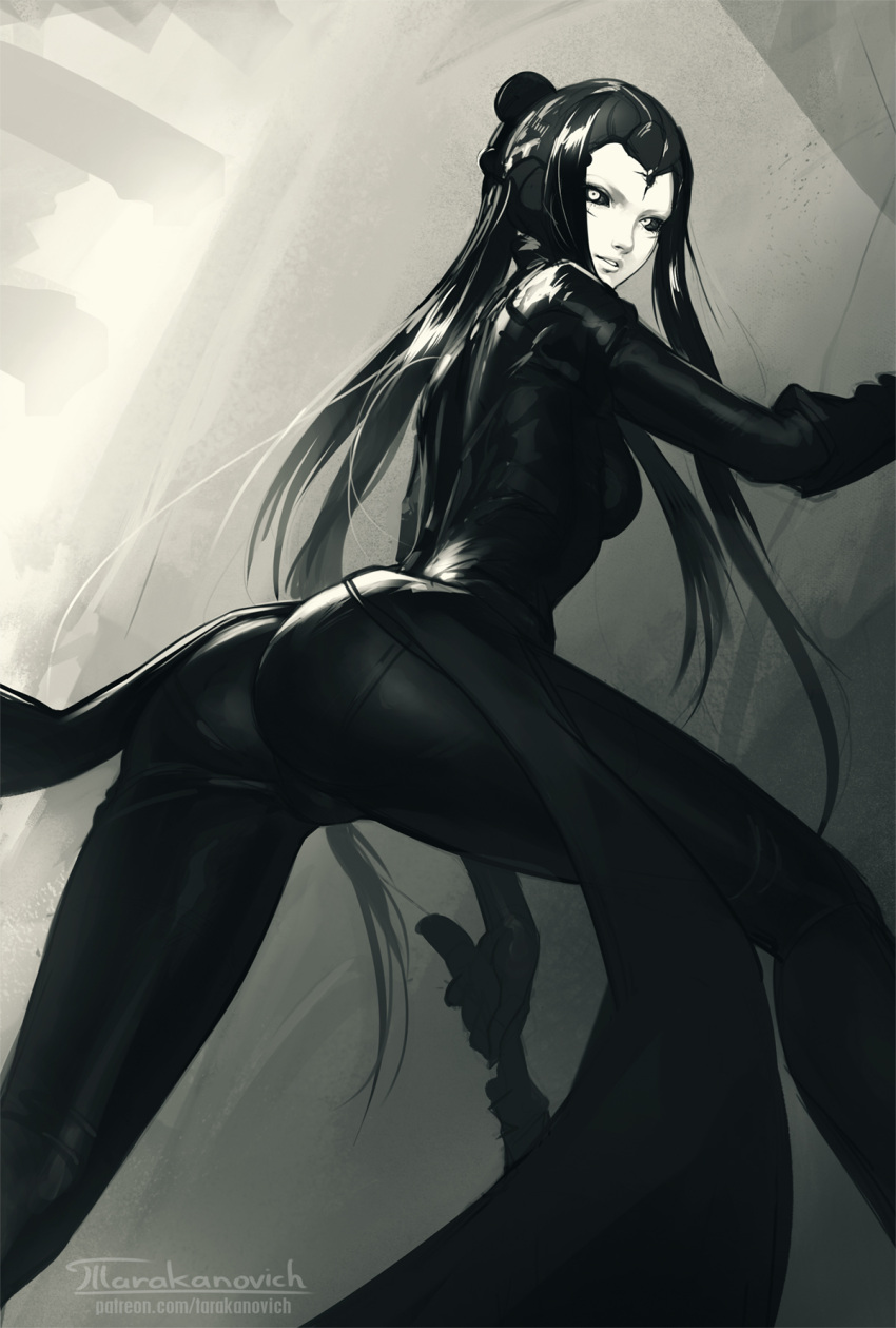 1girl, against_wall, artist_name, ass, black_bodysuit, black_hair, black_legwear, black_sclera