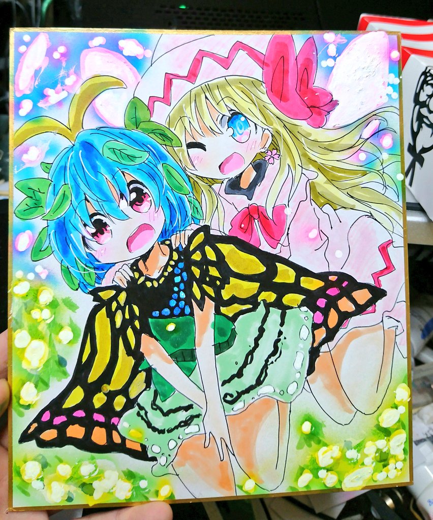 2girls, antennae, aqua_hair, blonde_hair, blue_eyes, blush, butterfly_wings, capelet