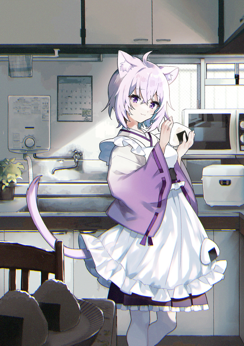 1girl, ahoge, animal_ear_fluff, animal_ears, apron, bangs, blush, cat_ears