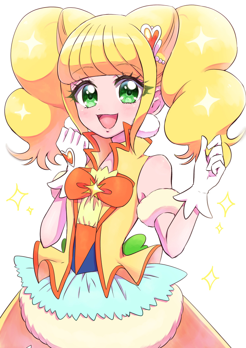 1girl, :d, absurdres, blonde_hair, bow, brooch, bubble_skirt, cure_sparkle
