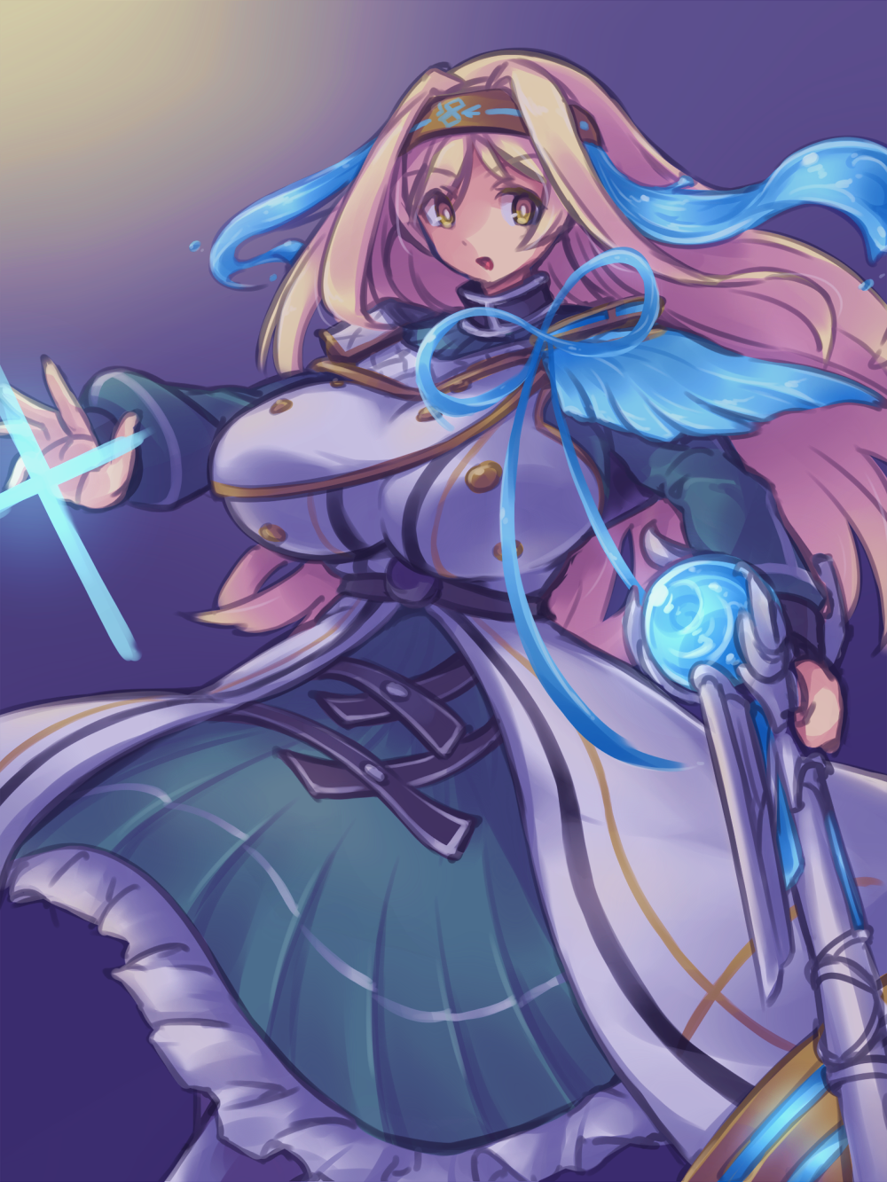 1girl, bangs, blonde_hair, blush, breasts, duel_monster, exorsister_jibrine, long_hair