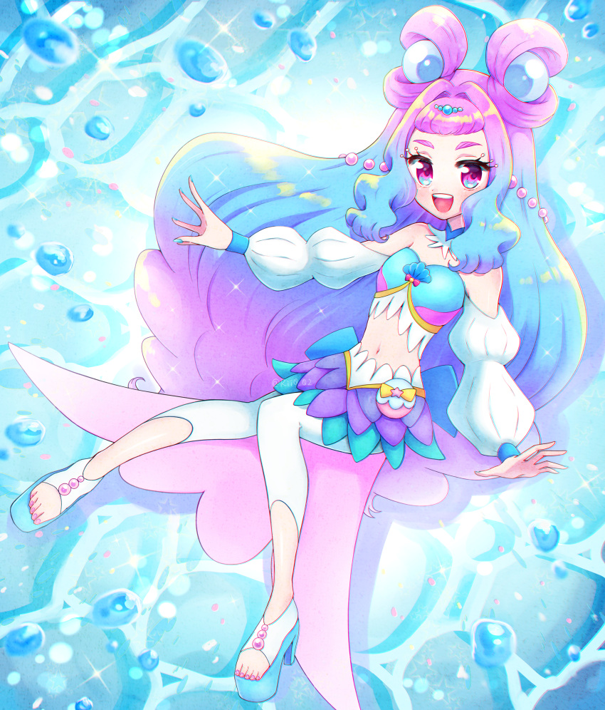 1girl, :d, absurdres, blue_background, blue_choker, blue_eyes, blue_footwear, blue_hair