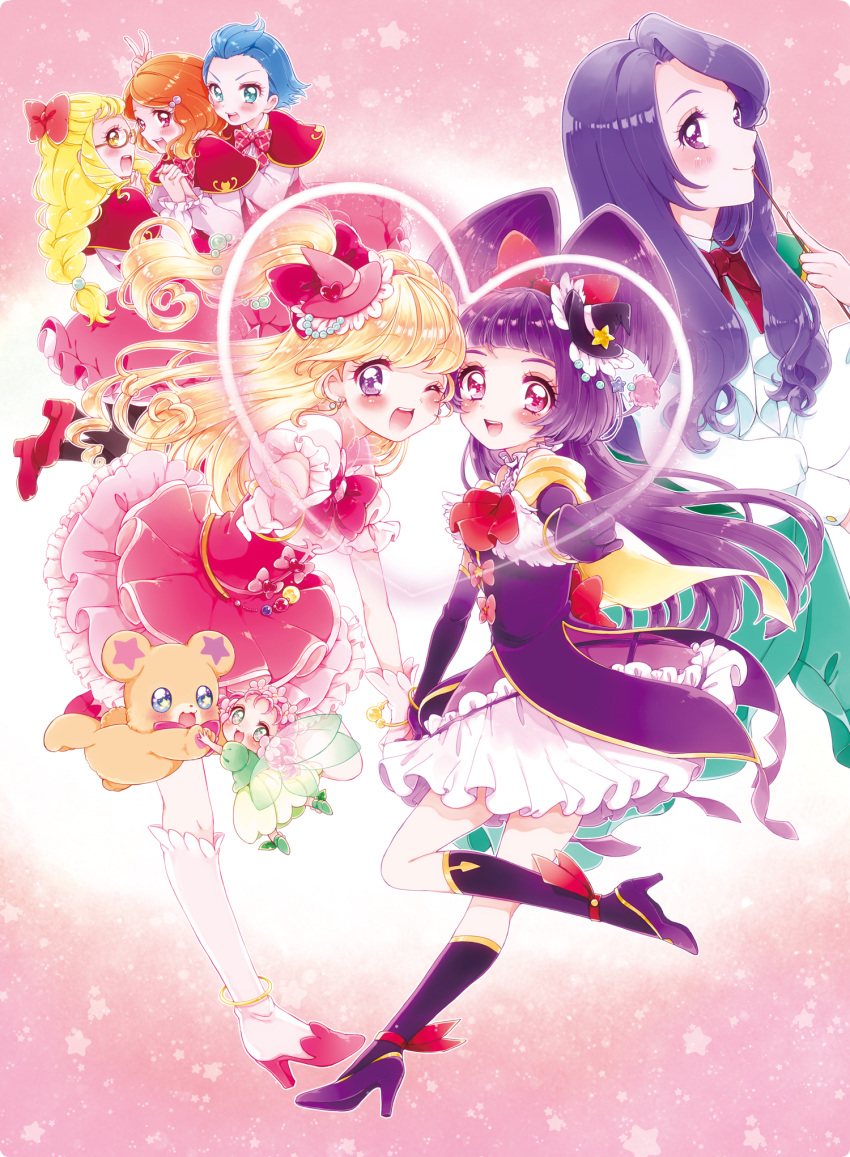 6+girls, :d, ;d, asahina_mirai, back_bow, black_footwear, black_gloves, black_headwear