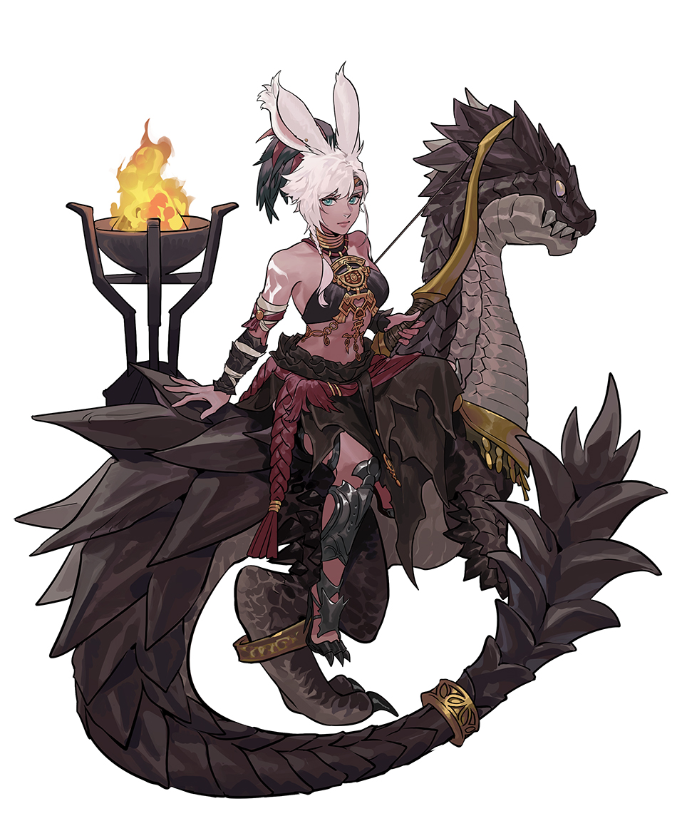 1girl, animal_ears, arm_support, asymmetrical_hair, avatar_(ff14), bandeau, bard_(final_fantasy), bare_shoulders