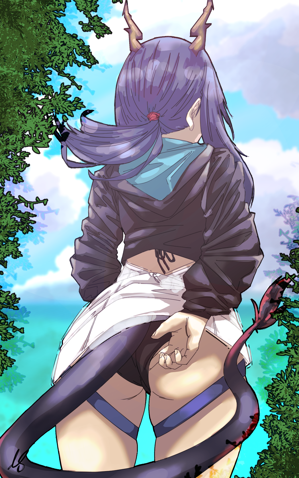 1girl, adjusting_clothes, adjusting_panties, arknights, ass, branch, ch'en_(arknights), clouds, dragon, dragon_tail, from_behind, highres, hood, hoodie, horns, long_sleeves, outdoors, panties, purple_hair, purupuru, single_horn, sky, solo, swimsuit, tail, thighs, tied_hair, tree, underwear