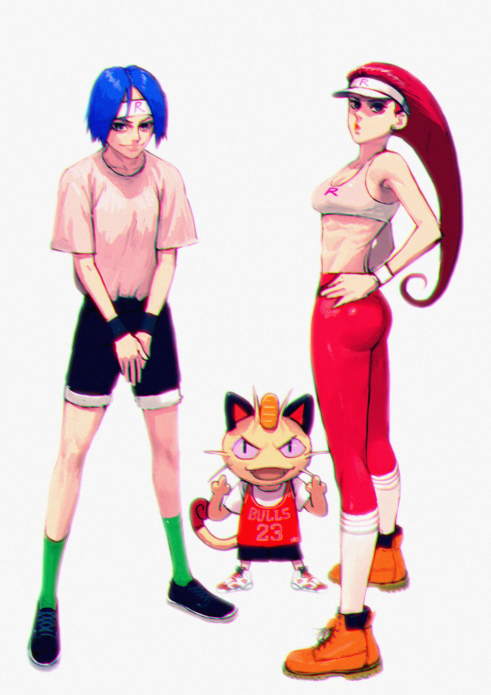 1boy, 1girl, air_jordan, air_jordan_6, alternate_costume, ass, bangs, blue_eyes, blue_hair, boots, breasts, brown_footwear, chromatic_aberration, crossbonedx, highres, james_(pokemon), jessie_(pokemon), leggings, long_hair, medium_breasts, meowth, middle_finger, midriff, navel, own_hands_together, parted_bangs, pokemon, pokemon_(anime), red_legwear, redhead, shoes, smile, sneakers, sports_bra, team_rocket, timberland, v-shaped_eyebrows, very_long_hair, visor_cap, whiskers, white_headwear, white_sports_bra