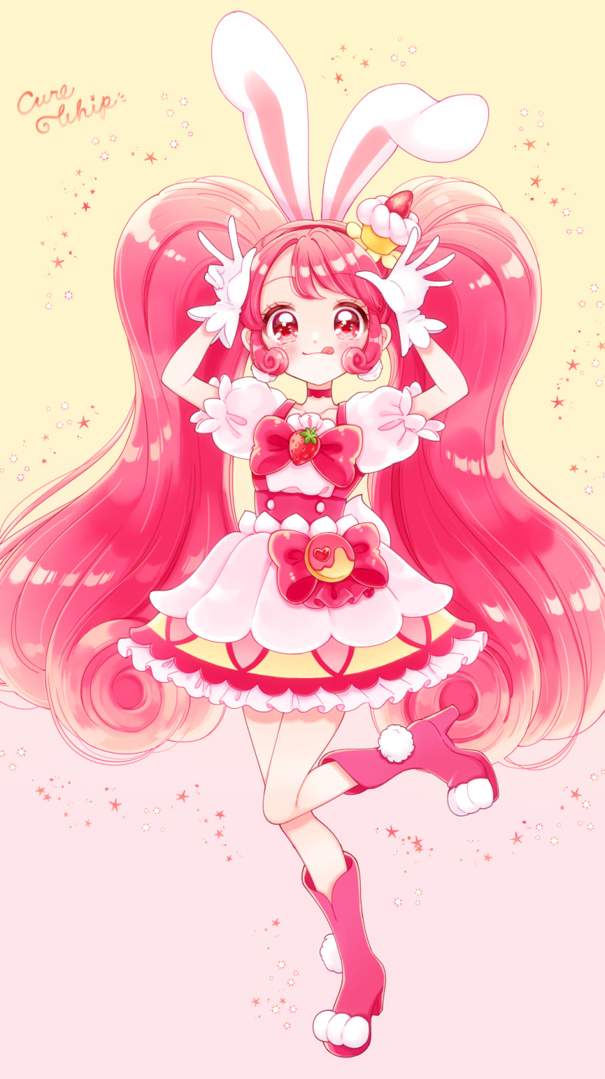 1girl, :q, animal_ears, bow, brooch, cake_hair_ornament, character_name, choker