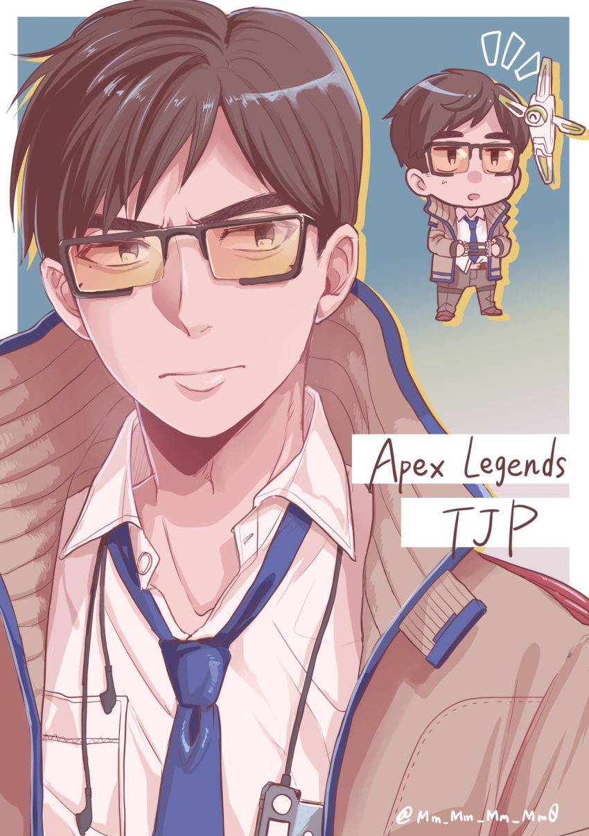 1boy, apex_legends, bangs, beige_jacket, black_hair, blue_necktie, chibi, chibi_inset