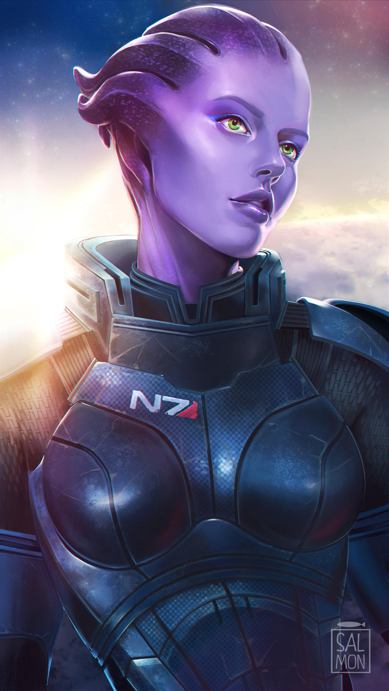 1girl, alien, armor, artist_logo, asari, blue_armor, carbon_fiber, clouds