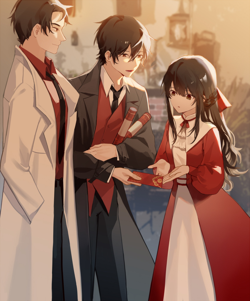 1girl, bangs, benson_moretti, black_hair, black_necktie, black_neckwear, black_pants, blurry