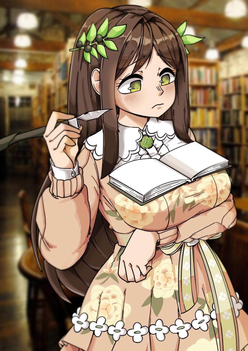 1girl, absurdres, arm_under_breasts, black_survival, blush, book, bookshelf, breast_rest